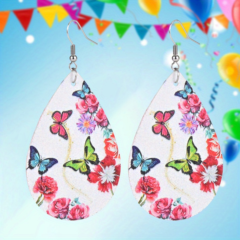 Colorful Butterfly Flower Teardrop Earrings, Minimalist Design